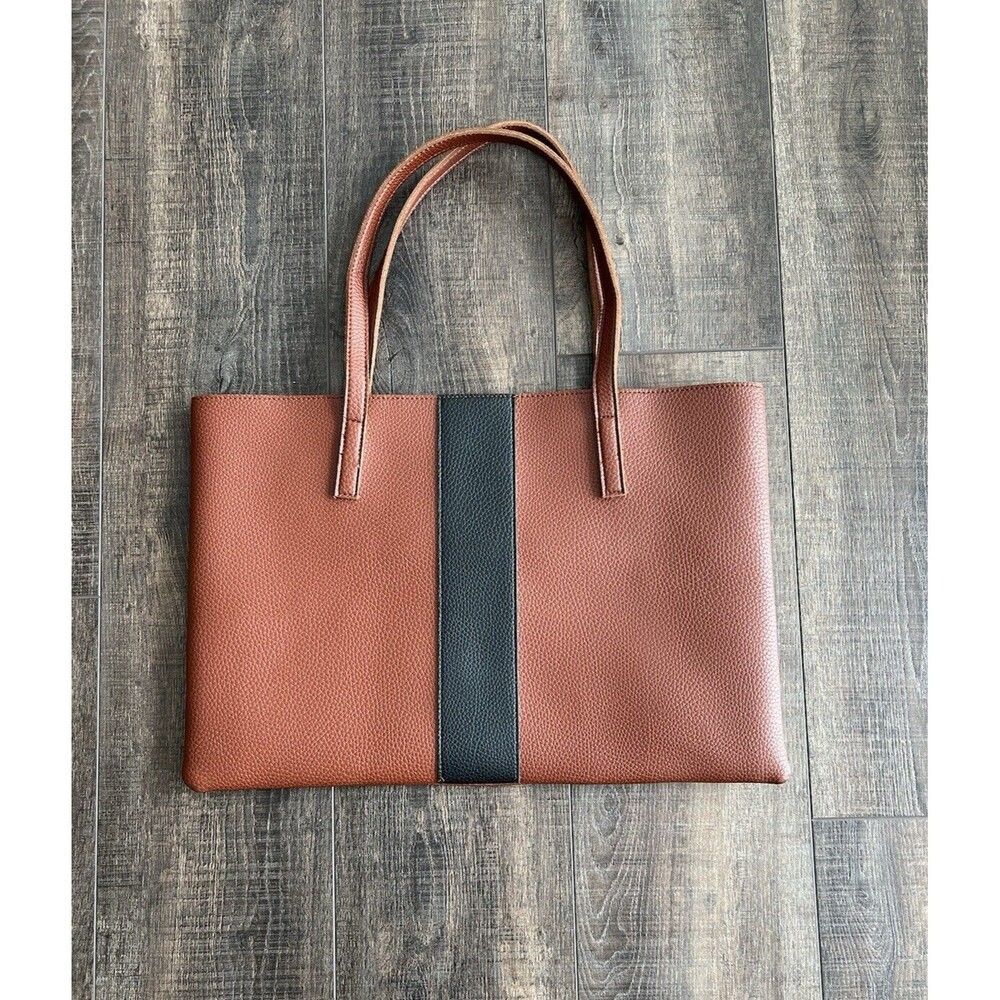 Vince Camuto Luck Brown Black Leather Vegan Tote 17" X 11"